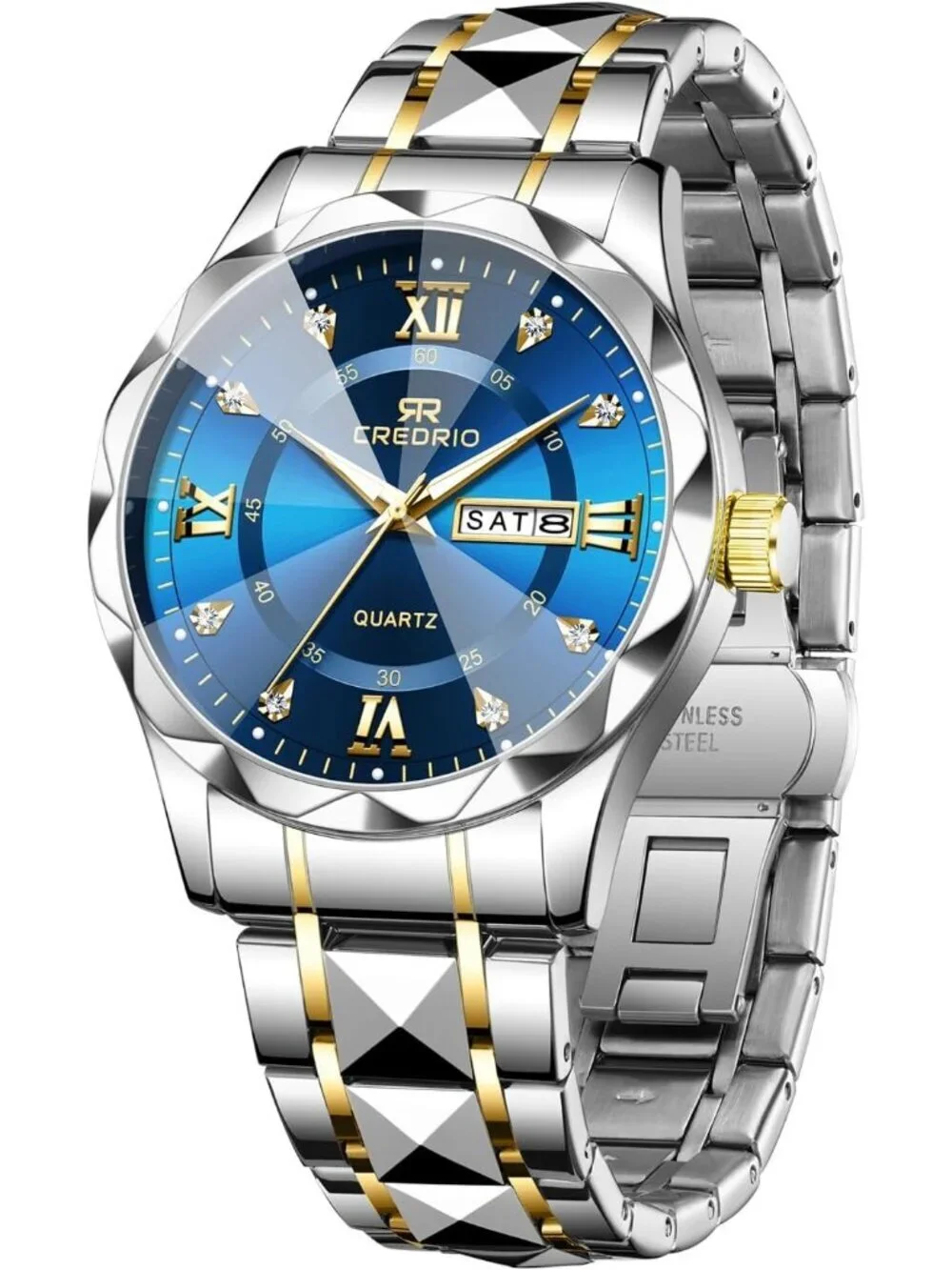 Mens Silver Blue Stainless Steel Waterproof Diamond Analog Luminous Wrist Watch